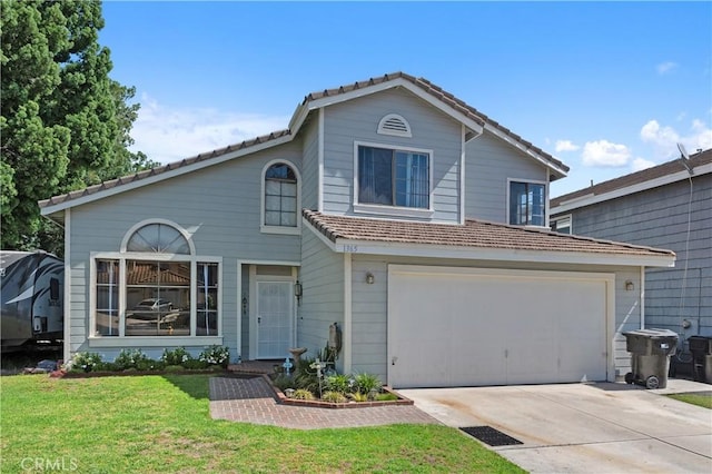 1365 Kroonen Dr, Corona, CA 92882 - traditional home featuring a tiled roof, an attached garage, concrete driveway, and a front lawn
