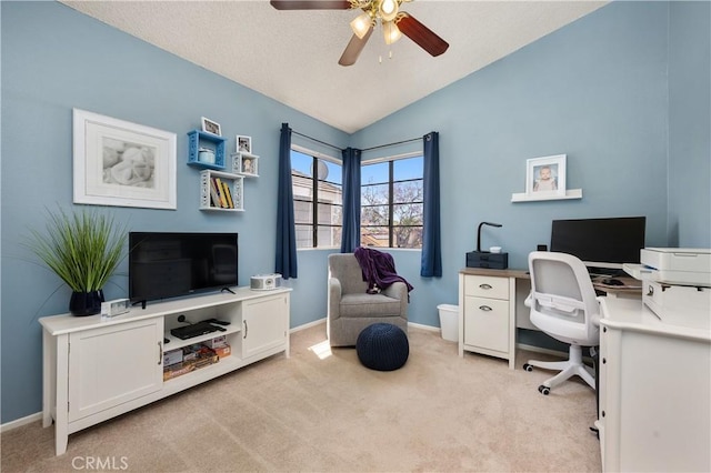 1365 Kroonen Dr, Corona, CA 92882 - home office with light colored carpet, ceiling fan, and vaulted ceiling