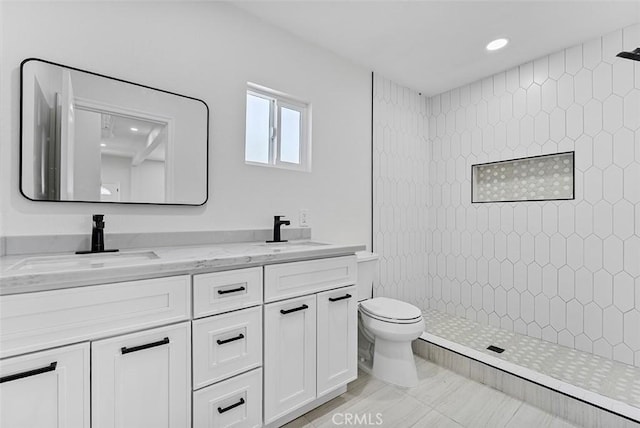 12887 Mount Vernon Ave, Grand Terrace, CA 92313 - full bathroom featuring tiled shower, double vanity, and recessed lighting