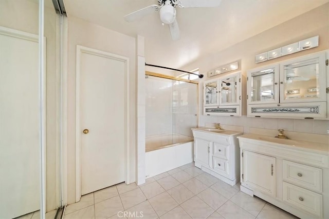 13969 Chervil Ct, Moreno Valley, CA 92553 - bathroom with vanity, enclosed tub / shower combo, tile patterned flooring, and ceiling fan