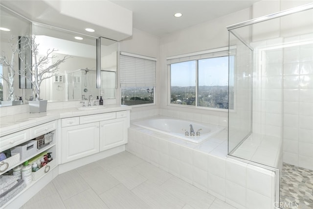 24736 Wooded Vis, West Hills, CA 91307 - bathroom with a bath, vanity, a stall shower, tile patterned floors, and recessed lighting