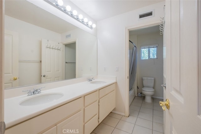 4892 Borders St, Simi Valley, CA 93063 - bathroom with double vanity, tile patterned flooring, and shower / tub combo with curtain