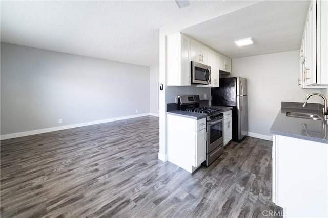 1106 Pacific Ave, Long Beach, CA 90813 - kitchen with stainless steel appliances, dark wood-style floors, white cabinets, dark countertops, and open floor plan