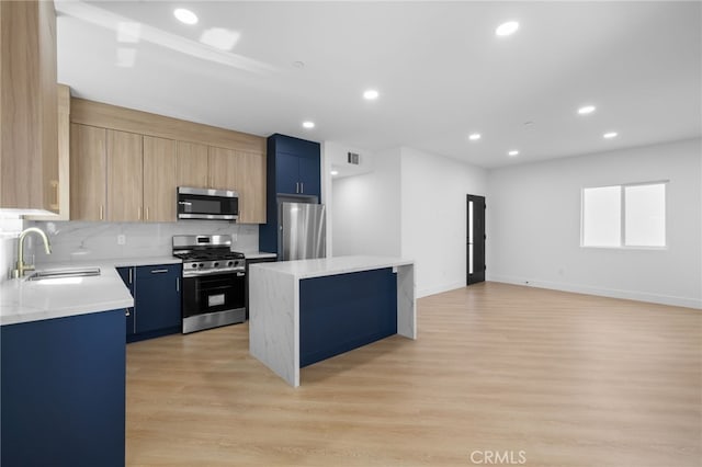 542 N Keystone St, Burbank, CA 91506 - kitchen featuring stainless steel appliances, a kitchen island, light countertops, backsplash, and light wood-type flooring