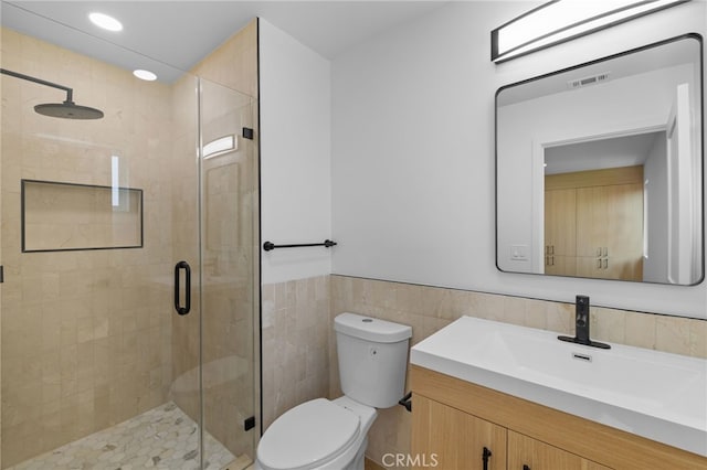 542 N Keystone St, Burbank, CA 91506 - full bath with vanity, a stall shower, tile walls, and a wainscoted wall