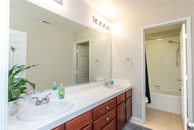 17122 Broken Rock Ct, Riverside, CA 92503 - full bath featuring double vanity, shower / bathtub combination with curtain, and tile patterned floors