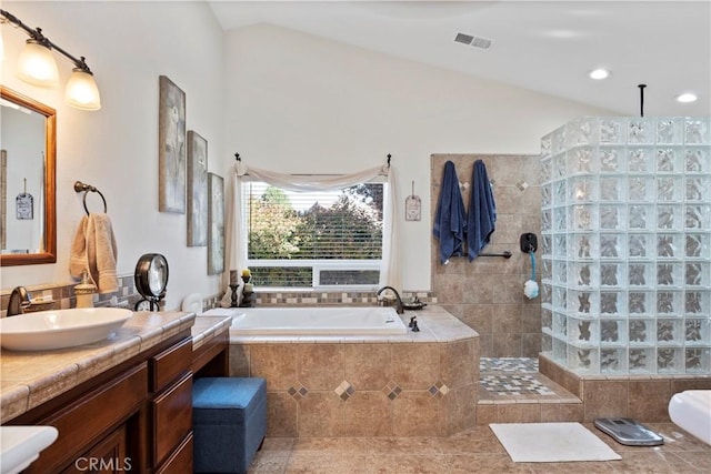 23220 Lakeview Dr, Tehachapi, CA 93561 - full bath with lofted ceiling, a bath, vanity, walk in shower, and recessed lighting
