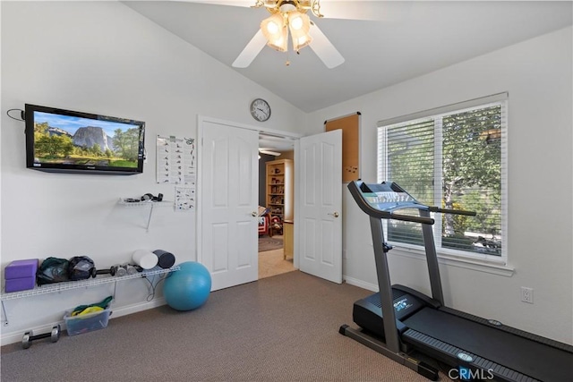 23220 Lakeview Dr, Tehachapi, CA 93561 - exercise area with lofted ceiling, ceiling fan, and carpet flooring