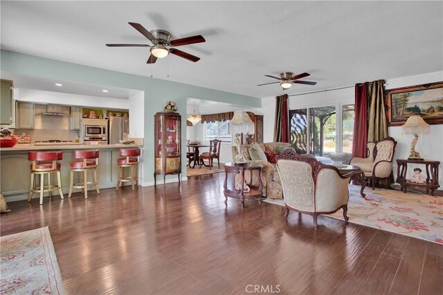 15037 Wildflower Ln, Helendale, CA 92342 - living area with a ceiling fan, dark wood-type flooring, and recessed lighting
