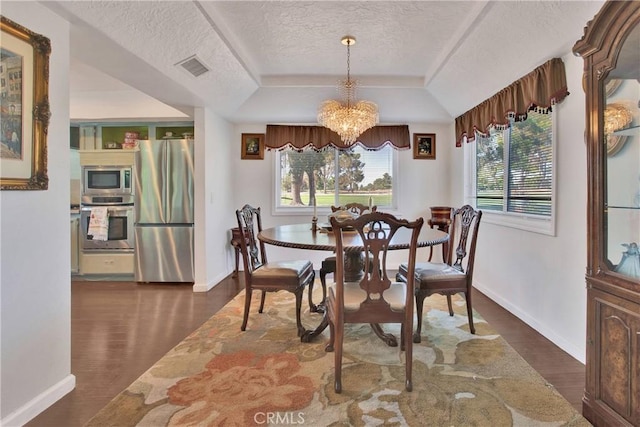 15037 Wildflower Ln, Helendale, CA 92342 - dining area featuring a raised ceiling, dark wood-style flooring, plenty of natural light, and a textured ceiling