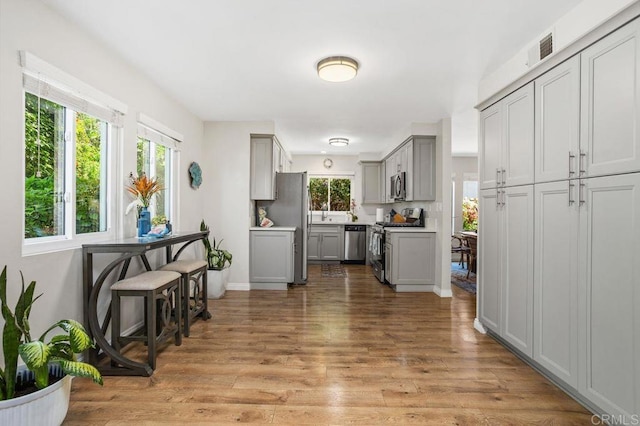 247 Currant Way, Oceanside, CA 92057 - kitchen with stainless steel appliances, gray cabinets, wood finished floors, and light countertops