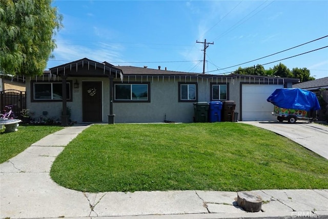 318 Lochmere Ave, La Puente, CA 91744 - ranch-style home featuring stucco siding, a front lawn, an attached garage, and driveway