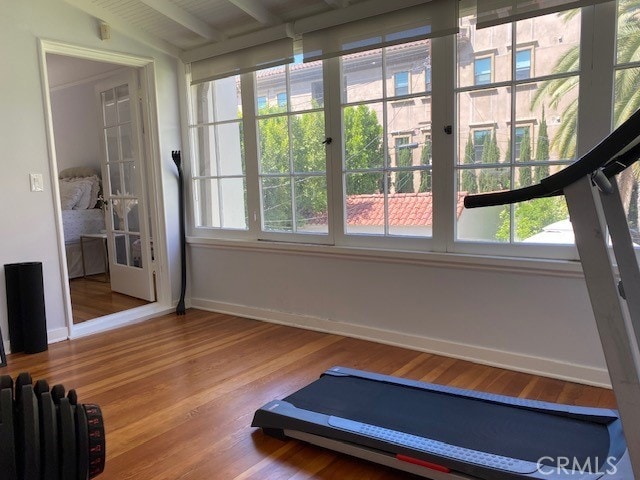 667 S Bronson, Los Angeles, CA 90005 - workout room with baseboards and wood finished floors