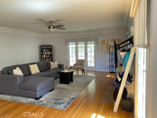 667 S Bronson, Los Angeles, CA 90005 - living area featuring a ceiling fan, wood finished floors, crown molding, and french doors