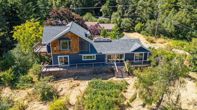 7950 Flynn Creek Rd, Comptche, CA 95427 - rear view of property featuring a deck, a balcony, stairway, and a shingled roof