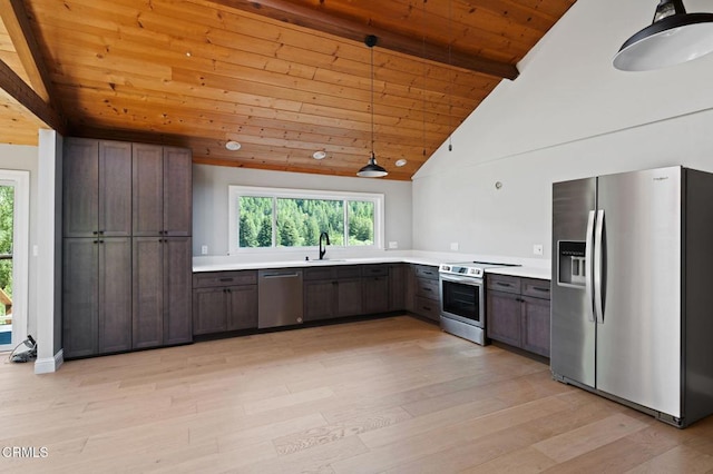 7950 Flynn Creek Rd, Comptche, CA 95427 - kitchen featuring appliances with stainless steel finishes, a wood ceiling with exposed beams, light wood-style flooring, light countertops, and hanging light fixtures