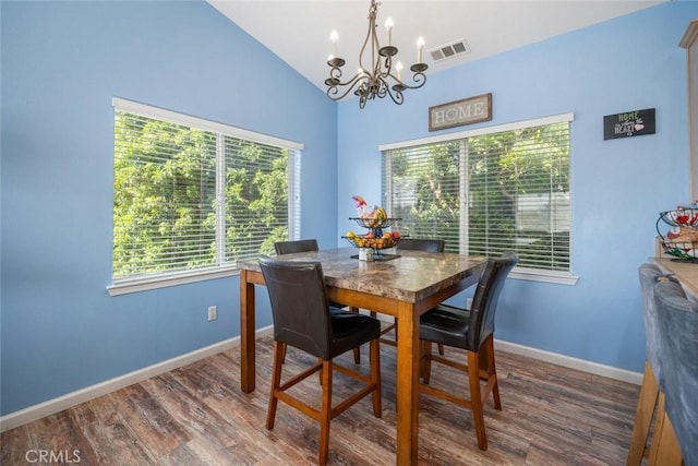 1681 Ocean St, Oceano, CA 93445 - dining space featuring a chandelier, wood finished floors, and lofted ceiling