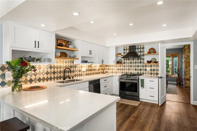 24 Spicewood Way, Irvine, CA 92612 - kitchen featuring open shelves, gas range, wall chimney exhaust hood, light countertops, and dishwasher