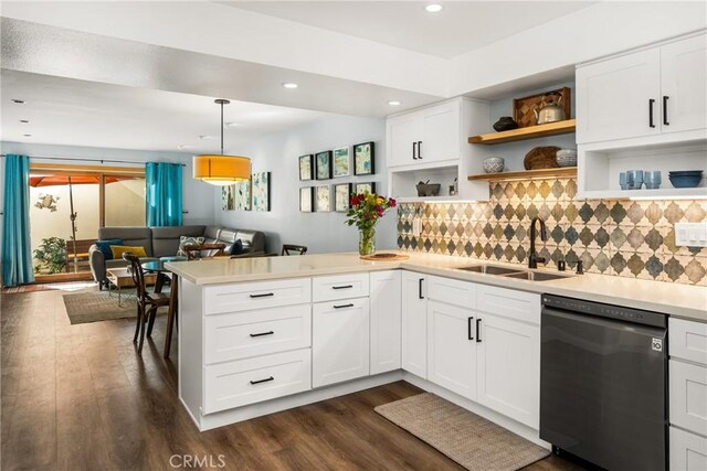 24 Spicewood Way, Irvine, CA 92612 - kitchen with dishwashing machine, open shelves, dark wood-style flooring, a peninsula, and recessed lighting
