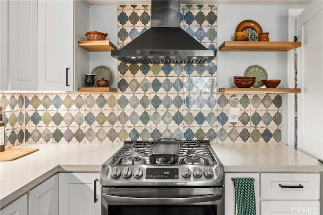 24 Spicewood Way, Irvine, CA 92612 - kitchen featuring open shelves, wall chimney range hood, stainless steel gas range, light countertops, and decorative backsplash