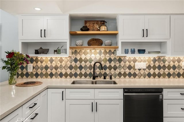 24 Spicewood Way, Irvine, CA 92612 - kitchen with open shelves, dishwashing machine, light countertops, and decorative backsplash