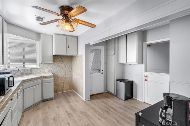 9513 Rex Rd, Pico Rivera, CA 90660 - kitchen featuring gray cabinets, a ceiling fan, stainless steel microwave, and light wood finished floors