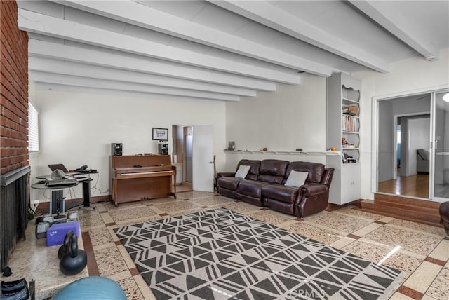 9513 Rex Rd, Pico Rivera, CA 90660 - living room featuring beam ceiling and inlaid floor details