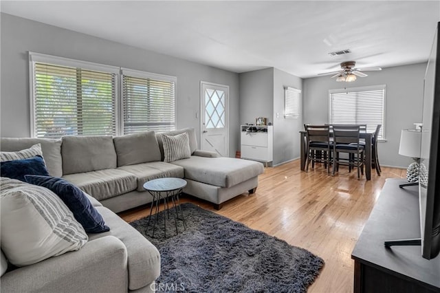 9513 Rex Rd, Pico Rivera, CA 90660 - living area with healthy amount of natural light, a ceiling fan, and light wood finished floors