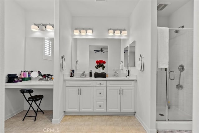 2894 E Via Fiano, Ontario, CA 91764 - full bathroom featuring a shower stall, double vanity, and ceiling fan