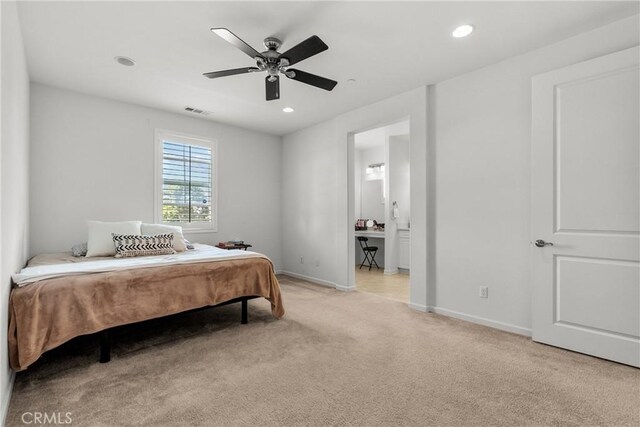 2894 E Via Fiano, Ontario, CA 91764 - bedroom featuring light colored carpet, recessed lighting, a ceiling fan, and ensuite bath