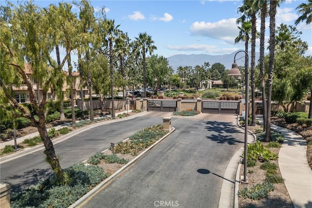 2894 E Via Fiano, Ontario, CA 91764 - view of asphalt street featuring a gate, a mountain view, curbs, and a gated entry