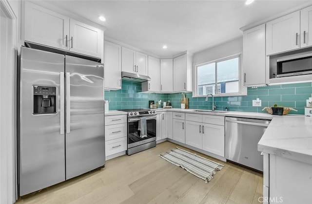 569 Lewis Ave, San Leandro, CA 94577 - kitchen featuring appliances with stainless steel finishes, under cabinet range hood, light wood-style floors, tasteful backsplash, and white cabinets