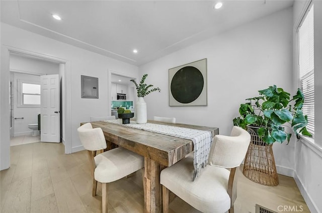 569 Lewis Ave, San Leandro, CA 94577 - dining space with electric panel, light wood-type flooring, and recessed lighting