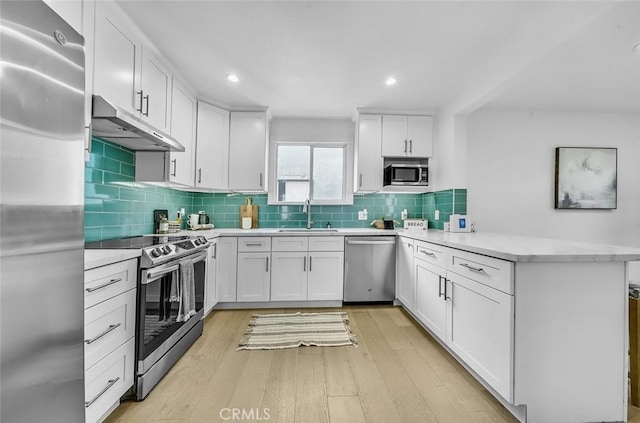 569 Lewis Ave, San Leandro, CA 94577 - kitchen with appliances with stainless steel finishes, under cabinet range hood, a peninsula, light countertops, and light wood-type flooring