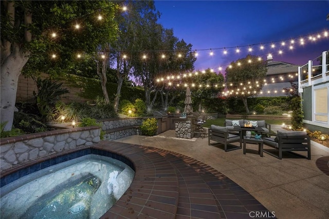 5210 Avenida De Kristine, Yorba Linda, CA 92887 - pool at twilight with an outdoor hot tub, an outdoor hangout area, and a patio area
