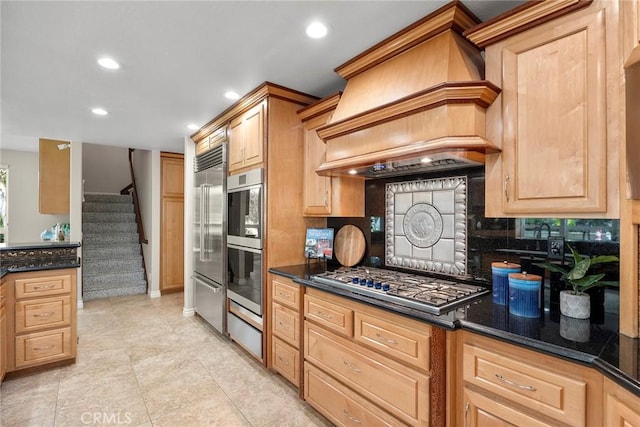 5210 Avenida De Kristine, Yorba Linda, CA 92887 - kitchen featuring custom exhaust hood, stainless steel appliances, tasteful backsplash, recessed lighting, and light tile patterned floors