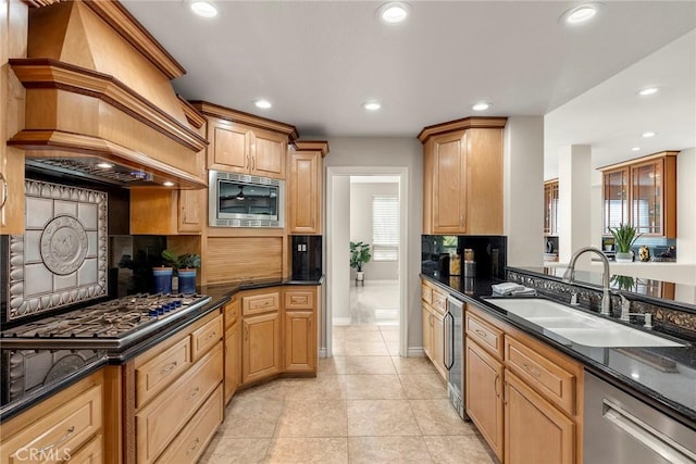 5210 Avenida De Kristine, Yorba Linda, CA 92887 - kitchen featuring stainless steel appliances, custom exhaust hood, beverage cooler, tasteful backsplash, and recessed lighting