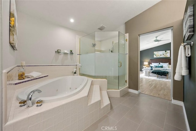 5210 Avenida De Kristine, Yorba Linda, CA 92887 - ensuite bathroom with a stall shower, a whirlpool tub, tile patterned floors, and a ceiling fan