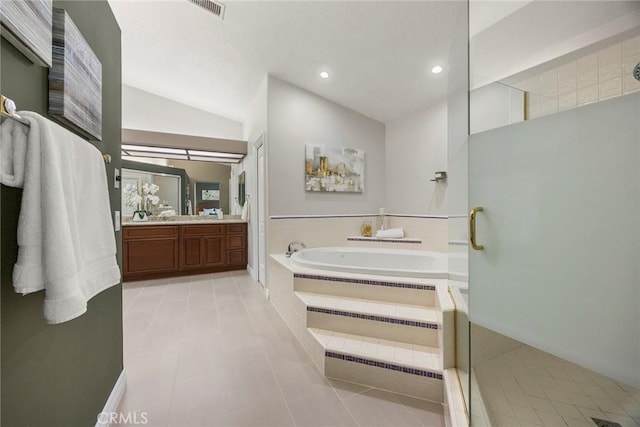 5210 Avenida De Kristine, Yorba Linda, CA 92887 - full bath featuring lofted ceiling, vanity, a bath, a shower stall, and tile patterned flooring