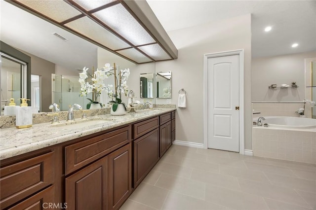 5210 Avenida De Kristine, Yorba Linda, CA 92887 - full bathroom with double vanity, a bath, a shower stall, tile patterned flooring, and recessed lighting