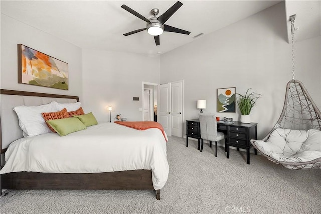 5210 Avenida De Kristine, Yorba Linda, CA 92887 - bedroom featuring light carpet, vaulted ceiling, and a ceiling fan