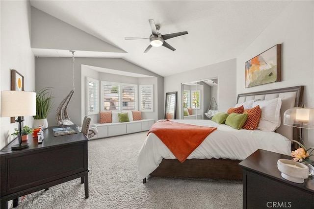 5210 Avenida De Kristine, Yorba Linda, CA 92887 - bedroom featuring lofted ceiling, multiple windows, carpet flooring, and ceiling fan