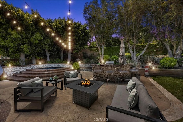 5210 Avenida De Kristine, Yorba Linda, CA 92887 - patio at night with an outdoor living space with a fire pit, a patio, and an outdoor hot tub