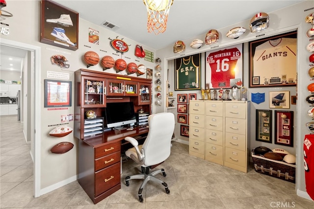 33818 Channel St, Temecula, CA 92592 - home office with light tile patterned floors and a chandelier