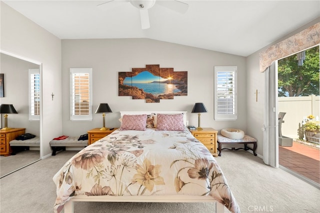 33818 Channel St, Temecula, CA 92592 - bedroom with light carpet, access to outside, lofted ceiling, and ceiling fan