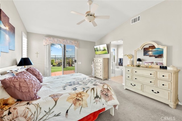 33818 Channel St, Temecula, CA 92592 - bedroom with access to outside, light colored carpet, lofted ceiling, ensuite bathroom, and ceiling fan