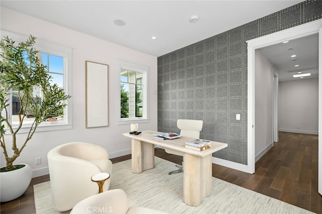 1456 Key Vw, Corona Del Mar, CA 92625 - home office with an accent wall, wallpapered walls, wood finished floors, and recessed lighting