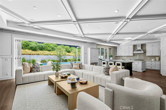 1456 Key Vw, Corona Del Mar, CA 92625 - living area featuring coffered ceiling, healthy amount of natural light, dark wood finished floors, recessed lighting, and beam ceiling