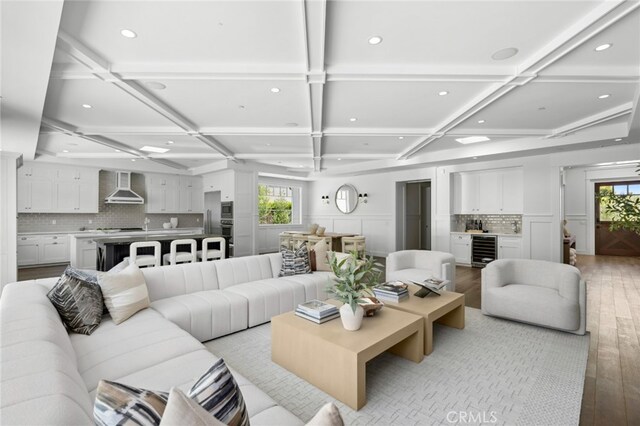 1456 Key Vw, Corona Del Mar, CA 92625 - living area with wine cooler, coffered ceiling, light wood-style floors, healthy amount of natural light, and recessed lighting