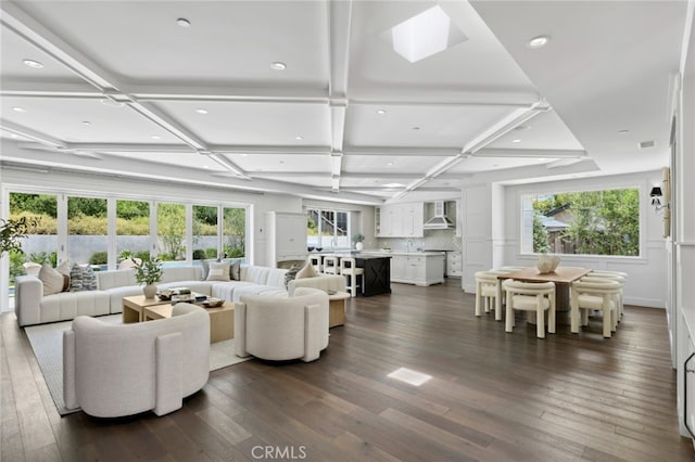 1456 Key Vw, Corona Del Mar, CA 92625 - living room with coffered ceiling, dark wood finished floors, beamed ceiling, and recessed lighting
